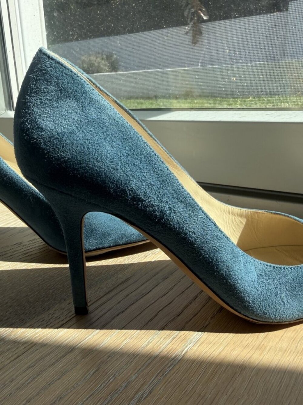 Jimmy Choo Abel 100 Denim Blue Suede Pointed Toe Pumps Heels EU 39.5 US 9 Italy